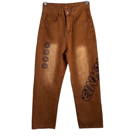 FASHION Jeans Mens Size 28" Waist Brown Baggy Y2K Grafitti Korean Streetwear NWT - Picture 1 of 10